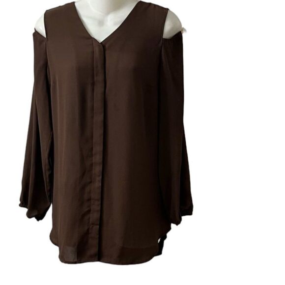 Chico's Sheer Brown Long Sleeve V-Neck Cold Shoulder Blouse - Picture 6 of 11